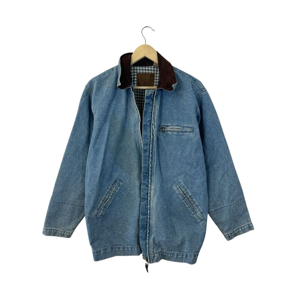 Vintage GH Bass & Co Medium Denim Barn Work Jacket Leather Trim Mens READ